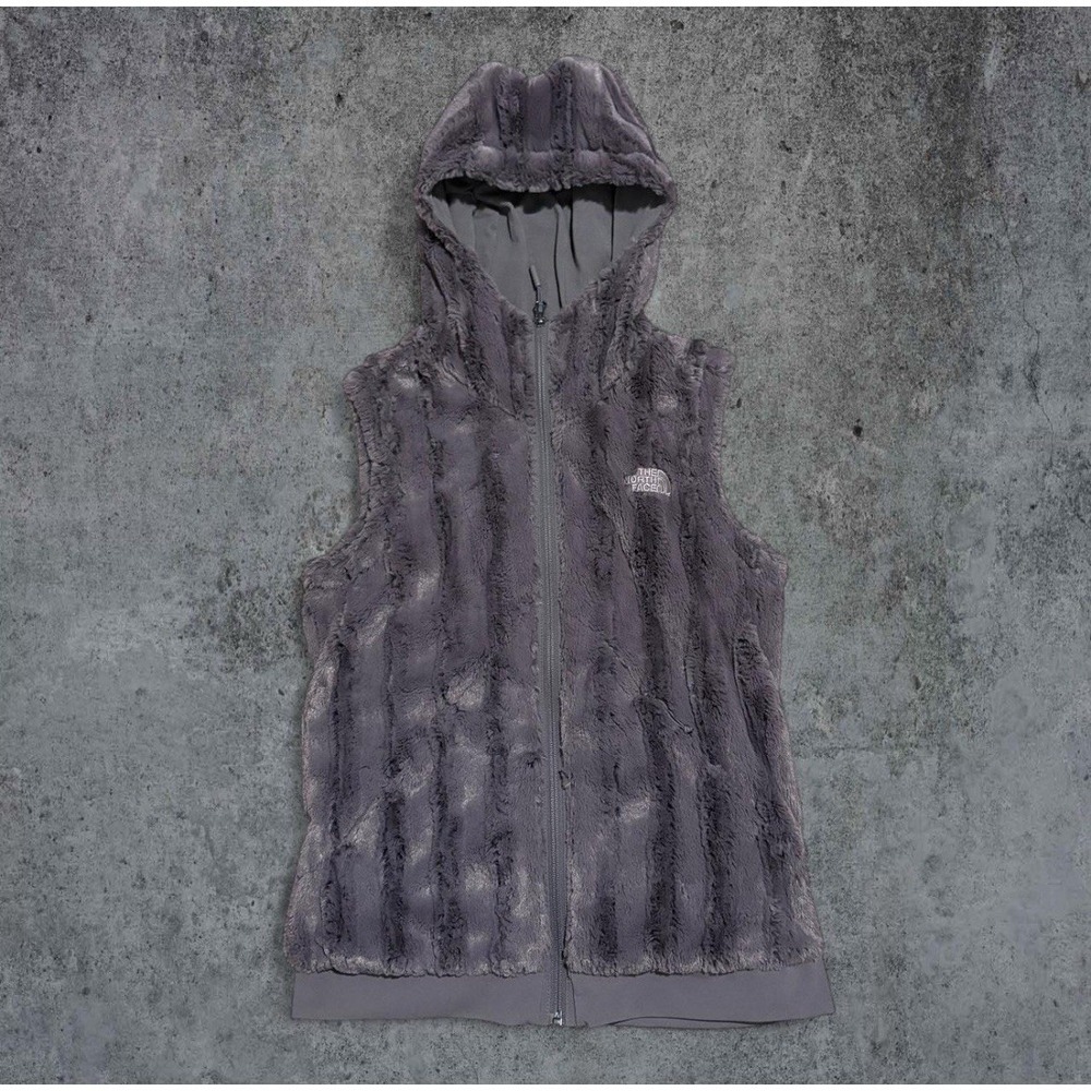The North Women's Furlander Faux Fur Hooded Vest Full Zip Purple/Gray Size Small